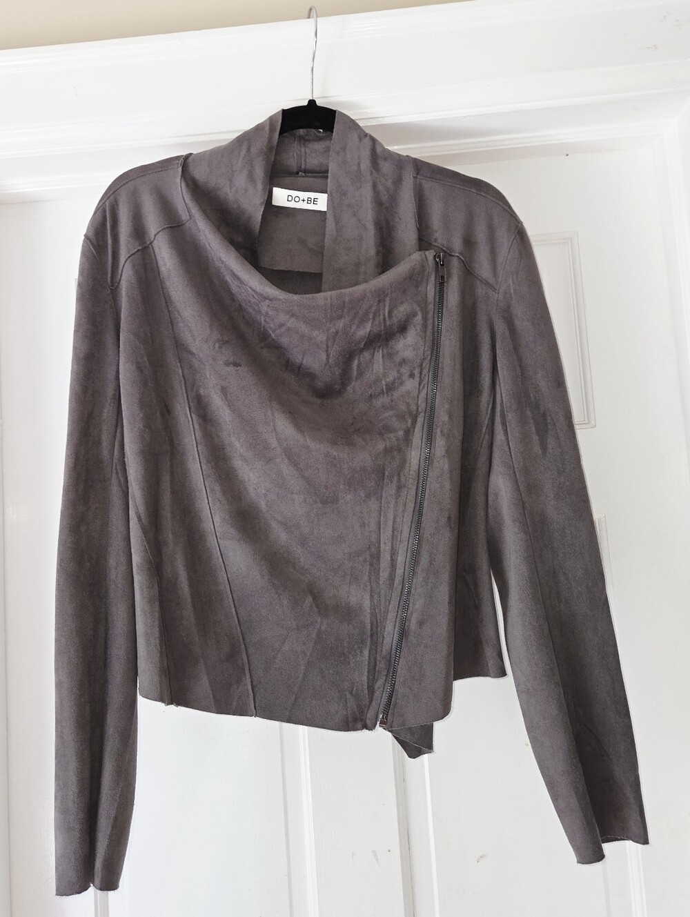 DO+BE Asymmetric Faux Suede Moto Jacket Wrap Collar Gray NWOT small